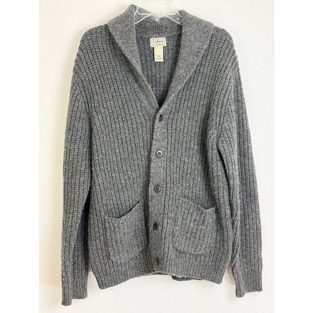 LL Bean Men's Cardigan Charcoal Gray Lambswool Shawl Collar Ribbed Knit M